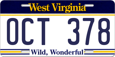 WV license plate OCT378