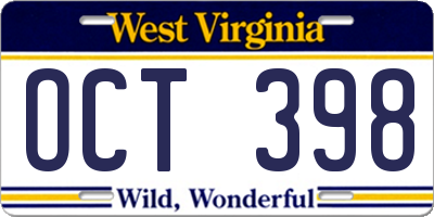 WV license plate OCT398