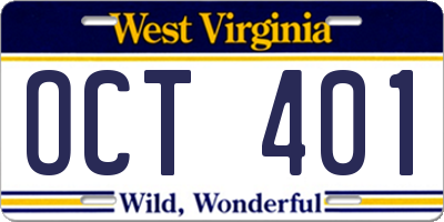 WV license plate OCT401