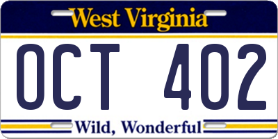 WV license plate OCT402