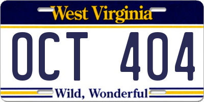 WV license plate OCT404