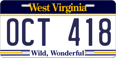 WV license plate OCT418