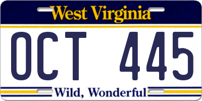 WV license plate OCT445