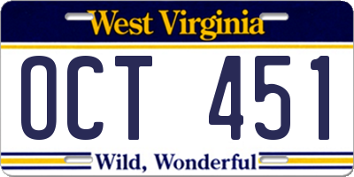 WV license plate OCT451