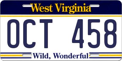 WV license plate OCT458