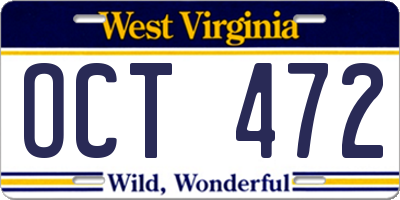 WV license plate OCT472