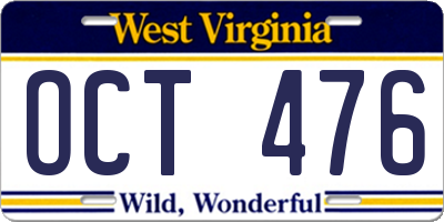 WV license plate OCT476