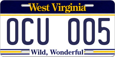 WV license plate OCU005