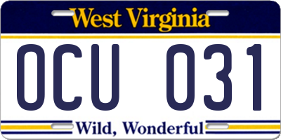 WV license plate OCU031