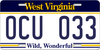 WV license plate OCU033