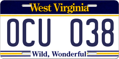 WV license plate OCU038