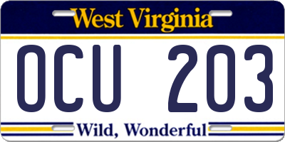 WV license plate OCU203