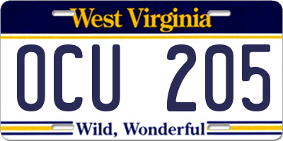 WV license plate OCU205