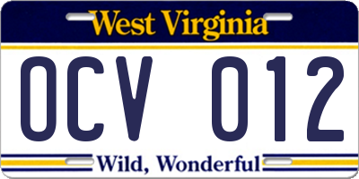 WV license plate OCV012