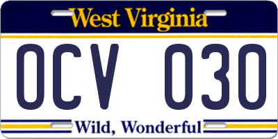 WV license plate OCV030