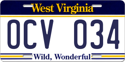 WV license plate OCV034