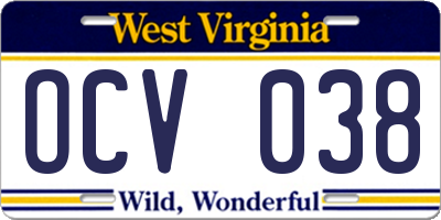 WV license plate OCV038