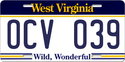 WV license plate OCV039