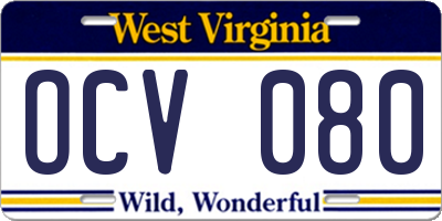 WV license plate OCV080