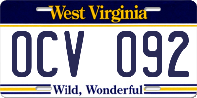 WV license plate OCV092
