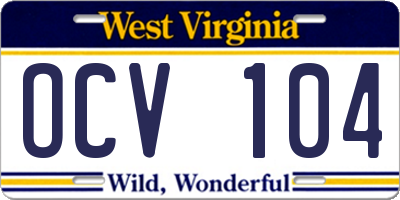 WV license plate OCV104