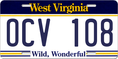WV license plate OCV108