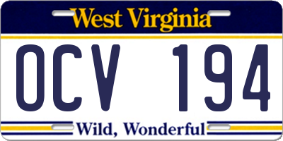 WV license plate OCV194