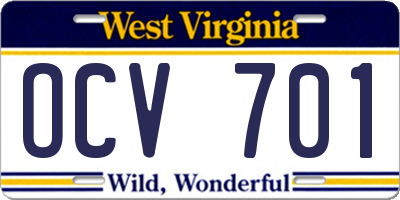 WV license plate OCV701