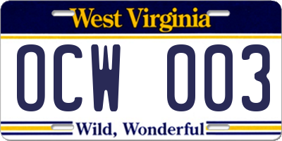 WV license plate OCW003