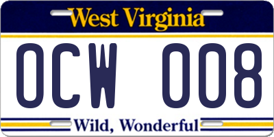 WV license plate OCW008