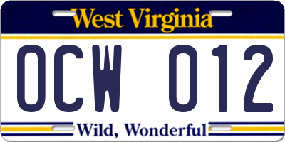 WV license plate OCW012