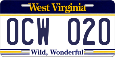 WV license plate OCW020
