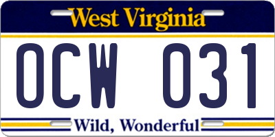 WV license plate OCW031