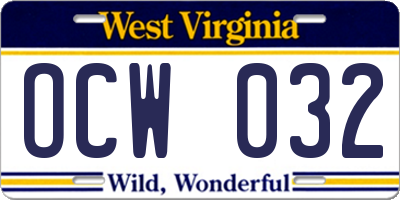 WV license plate OCW032