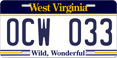 WV license plate OCW033