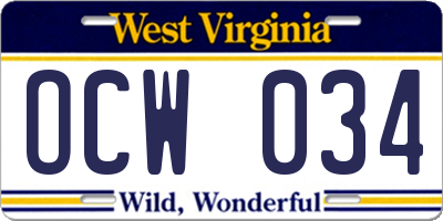 WV license plate OCW034