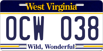 WV license plate OCW038