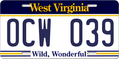 WV license plate OCW039