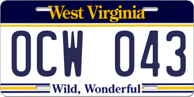 WV license plate OCW043