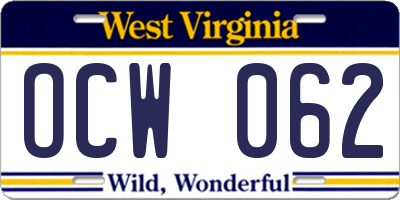 WV license plate OCW062