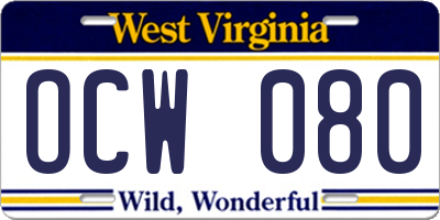 WV license plate OCW080