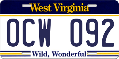WV license plate OCW092