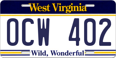 WV license plate OCW402