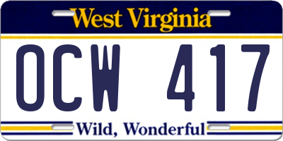WV license plate OCW417