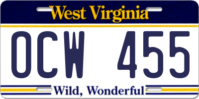 WV license plate OCW455