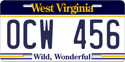 WV license plate OCW456