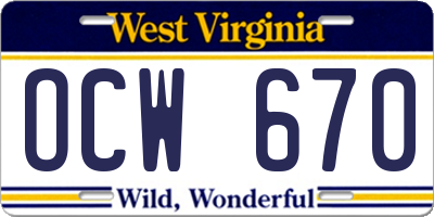 WV license plate OCW670