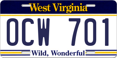 WV license plate OCW701