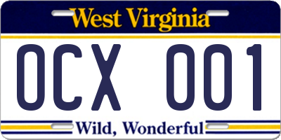WV license plate OCX001