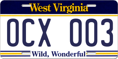 WV license plate OCX003